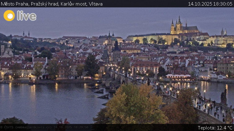 Město Praha - Pražský hrad, Karlův most, Vltava - 14.10.2025 v 18:30 Město Praha - Pražský hrad, Karlův most, Vltava - 14.10.2025 v 18:30