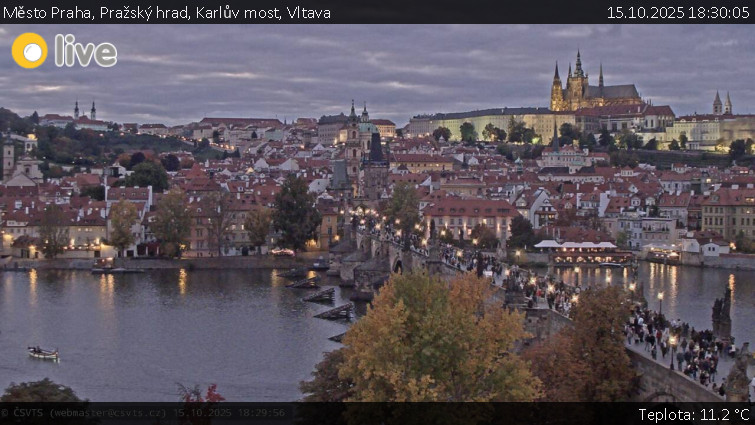 Město Praha - Pražský hrad, Karlův most, Vltava - 15.10.2025 v 18:30 Město Praha - Pražský hrad, Karlův most, Vltava - 15.10.2025 v 18:30