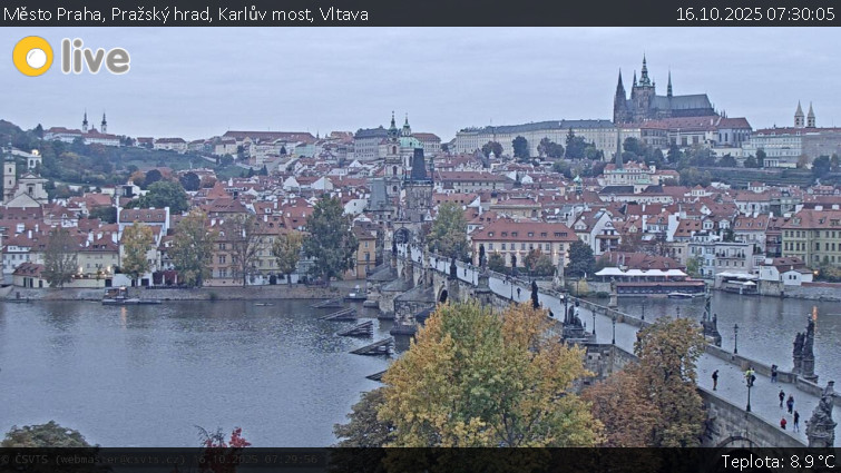 Město Praha - Pražský hrad, Karlův most, Vltava - 16.10.2025 v 07:30 Město Praha - Pražský hrad, Karlův most, Vltava - 16.10.2025 v 07:30