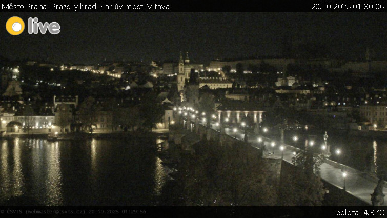 Město Praha - Pražský hrad, Karlův most, Vltava - 20.10.2025 v 01:30 Město Praha - Pražský hrad, Karlův most, Vltava - 20.10.2025 v 01:30