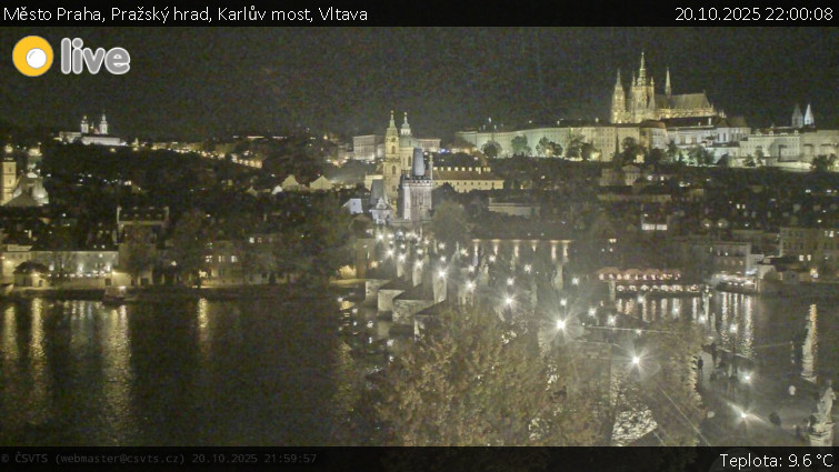 Město Praha - Pražský hrad, Karlův most, Vltava - 20.10.2025 v 22:00 Město Praha - Pražský hrad, Karlův most, Vltava - 20.10.2025 v 22:00