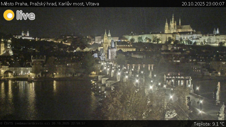 Město Praha - Pražský hrad, Karlův most, Vltava - 20.10.2025 v 23:00 Město Praha - Pražský hrad, Karlův most, Vltava - 20.10.2025 v 23:00