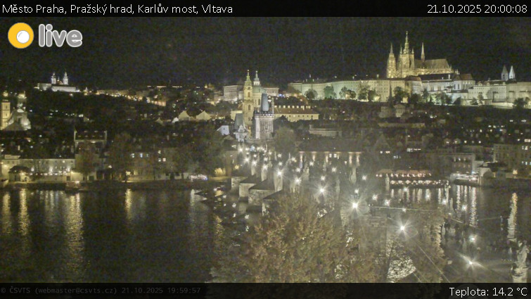 Město Praha - Pražský hrad, Karlův most, Vltava - 21.10.2025 v 20:00 Město Praha - Pražský hrad, Karlův most, Vltava - 21.10.2025 v 20:00