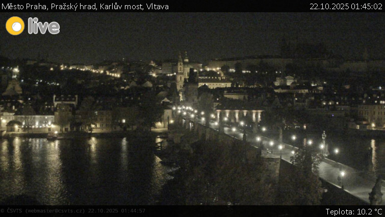 Město Praha - Pražský hrad, Karlův most, Vltava - 22.10.2025 v 01:45 Město Praha - Pražský hrad, Karlův most, Vltava - 22.10.2025 v 01:45