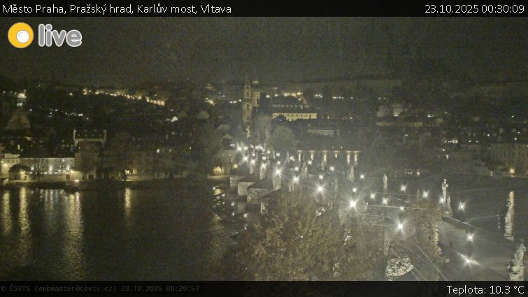 Město Praha - Pražský hrad, Karlův most, Vltava - 23.10.2025 v 00:30 Město Praha - Pražský hrad, Karlův most, Vltava - 23.10.2025 v 00:30