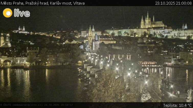 Město Praha - Pražský hrad, Karlův most, Vltava - 23.10.2025 v 21:00 Město Praha - Pražský hrad, Karlův most, Vltava - 23.10.2025 v 21:00