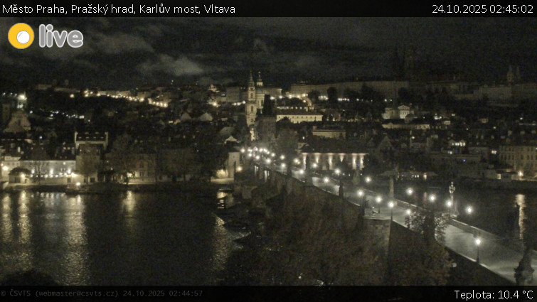 Město Praha - Pražský hrad, Karlův most, Vltava - 24.10.2025 v 02:45 Město Praha - Pražský hrad, Karlův most, Vltava - 24.10.2025 v 02:45