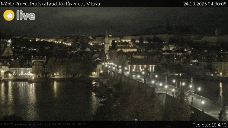 Město Praha - Pražský hrad, Karlův most, Vltava - 24.10.2025 v 04:30 Město Praha - Pražský hrad, Karlův most, Vltava - 24.10.2025 v 04:30