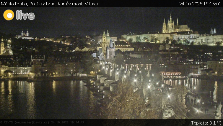 Město Praha - Pražský hrad, Karlův most, Vltava - 24.10.2025 v 19:15 Město Praha - Pražský hrad, Karlův most, Vltava - 24.10.2025 v 19:15