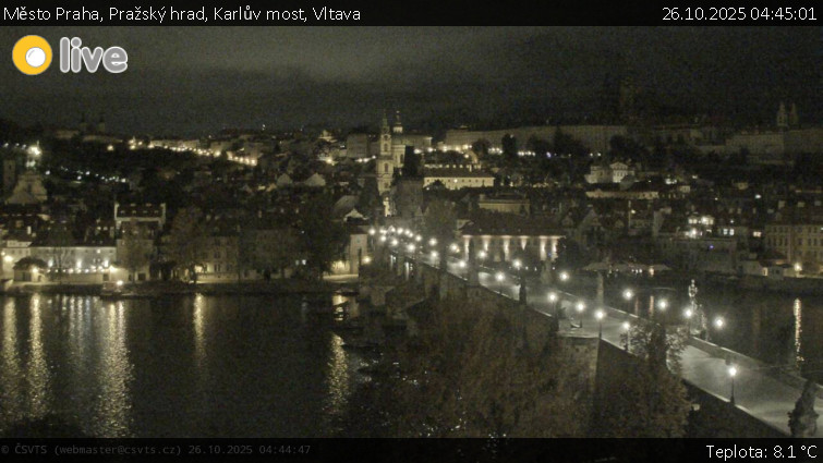Město Praha - Pražský hrad, Karlův most, Vltava - 26.10.2025 v 04:45 Město Praha - Pražský hrad, Karlův most, Vltava - 26.10.2025 v 04:45