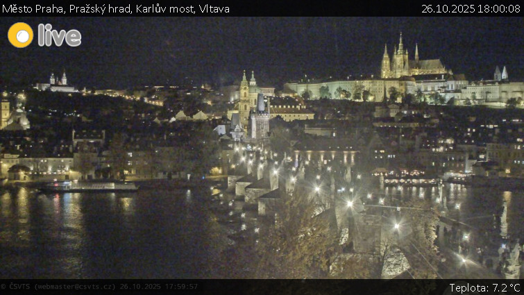 Město Praha - Pražský hrad, Karlův most, Vltava - 26.10.2025 v 18:00 Město Praha - Pražský hrad, Karlův most, Vltava - 26.10.2025 v 18:00