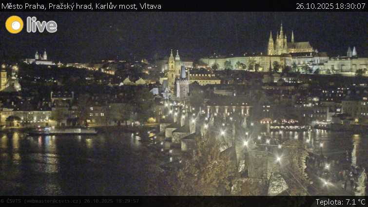 Město Praha - Pražský hrad, Karlův most, Vltava - 26.10.2025 v 18:30 Město Praha - Pražský hrad, Karlův most, Vltava - 26.10.2025 v 18:30
