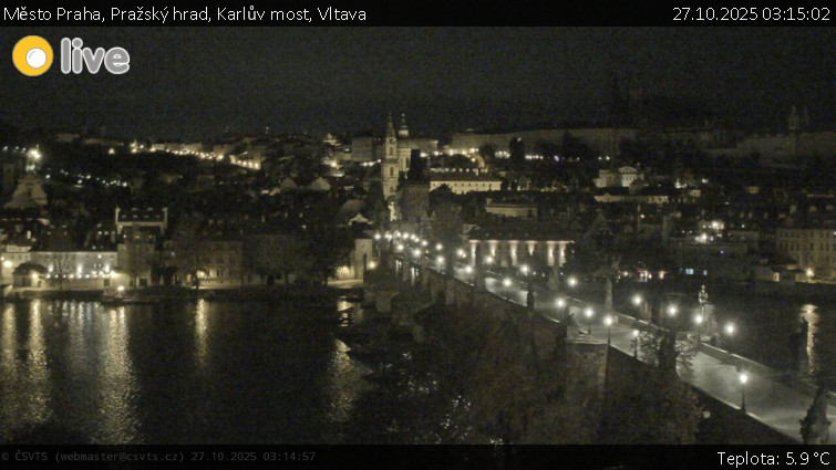 Město Praha - Pražský hrad, Karlův most, Vltava - 27.10.2025 v 03:15 Město Praha - Pražský hrad, Karlův most, Vltava - 27.10.2025 v 03:15