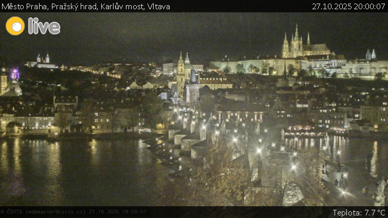 Město Praha - Pražský hrad, Karlův most, Vltava - 27.10.2025 v 20:00 Město Praha - Pražský hrad, Karlův most, Vltava - 27.10.2025 v 20:00