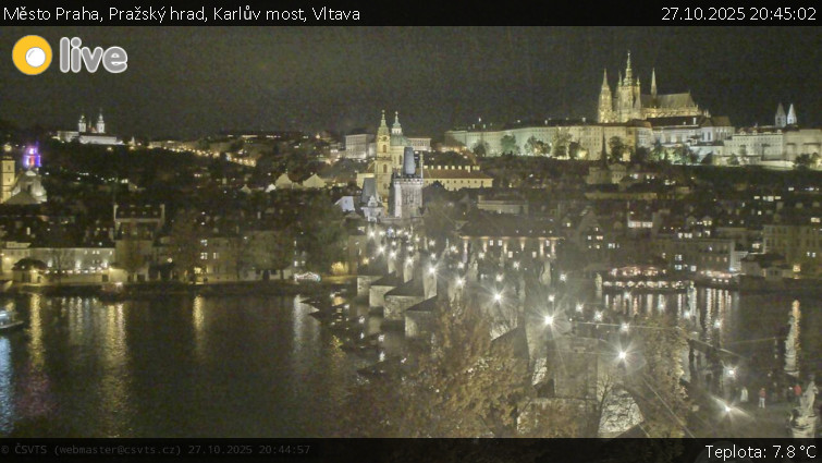 Město Praha - Pražský hrad, Karlův most, Vltava - 27.10.2025 v 20:45 Město Praha - Pražský hrad, Karlův most, Vltava - 27.10.2025 v 20:45
