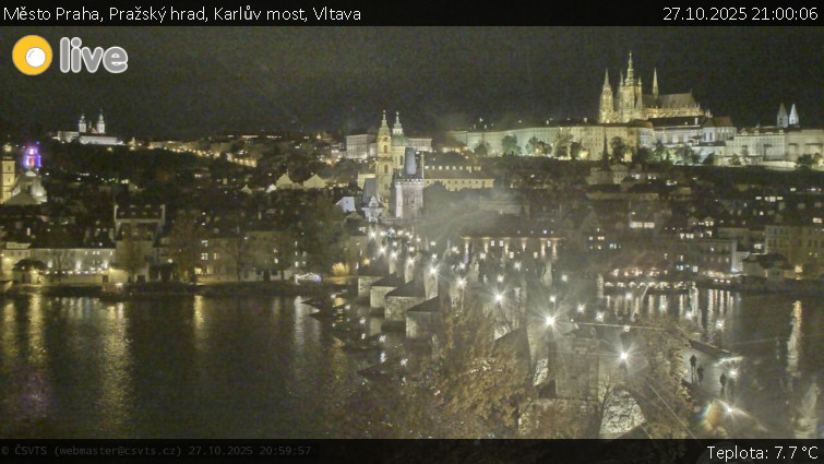 Město Praha - Pražský hrad, Karlův most, Vltava - 27.10.2025 v 21:00 Město Praha - Pražský hrad, Karlův most, Vltava - 27.10.2025 v 21:00