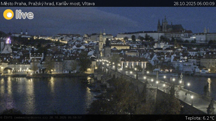 Město Praha - Pražský hrad, Karlův most, Vltava - 28.10.2025 v 06:00 Město Praha - Pražský hrad, Karlův most, Vltava - 28.10.2025 v 06:00