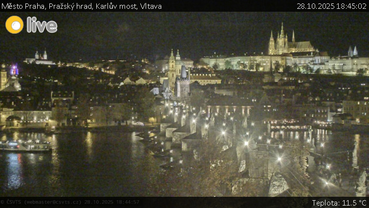 Město Praha - Pražský hrad, Karlův most, Vltava - 28.10.2025 v 18:45 Město Praha - Pražský hrad, Karlův most, Vltava - 28.10.2025 v 18:45