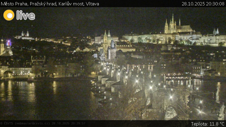 Město Praha - Pražský hrad, Karlův most, Vltava - 28.10.2025 v 20:30 Město Praha - Pražský hrad, Karlův most, Vltava - 28.10.2025 v 20:30