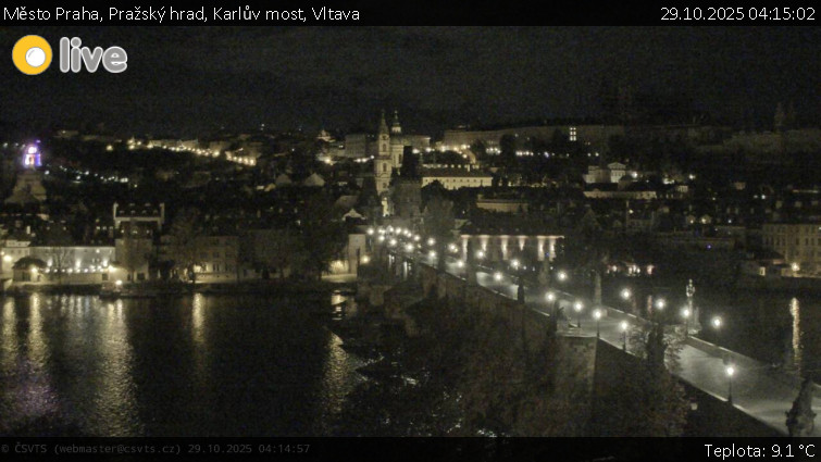 Město Praha - Pražský hrad, Karlův most, Vltava - 29.10.2025 v 04:15 Město Praha - Pražský hrad, Karlův most, Vltava - 29.10.2025 v 04:15