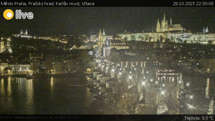 Město Praha - Pražský hrad, Karlův most, Vltava - 29.10.2025 v 22:30 Město Praha - Pražský hrad, Karlův most, Vltava - 29.10.2025 v 22:30