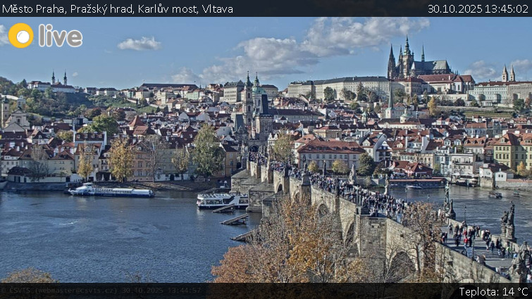 Město Praha - Pražský hrad, Karlův most, Vltava - 30.10.2025 v 13:45 Město Praha - Pražský hrad, Karlův most, Vltava - 30.10.2025 v 13:45