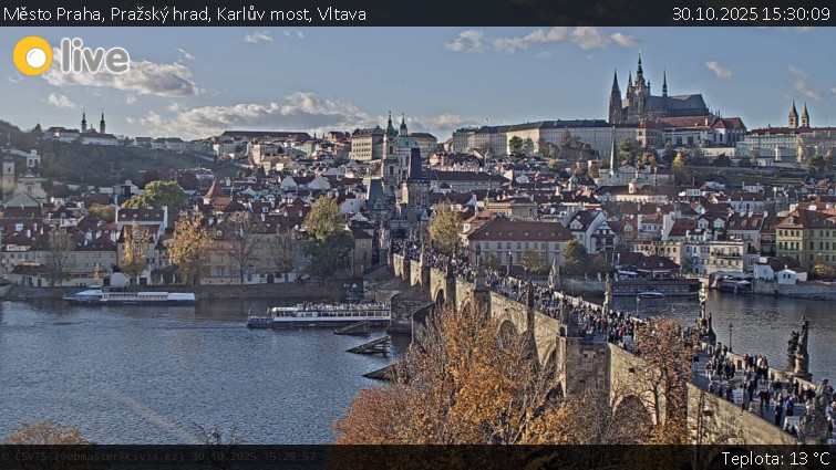 Město Praha - Pražský hrad, Karlův most, Vltava - 30.10.2025 v 15:30 Město Praha - Pražský hrad, Karlův most, Vltava - 30.10.2025 v 15:30