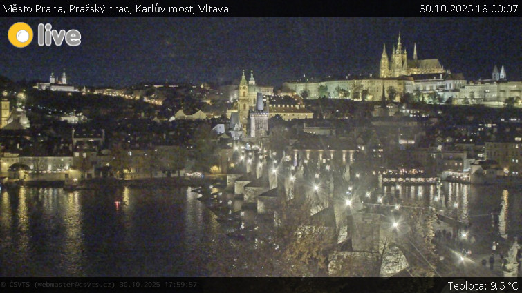 Město Praha - Pražský hrad, Karlův most, Vltava - 30.10.2025 v 18:00 Město Praha - Pražský hrad, Karlův most, Vltava - 30.10.2025 v 18:00