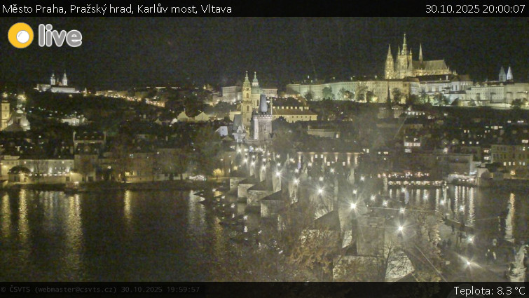 Město Praha - Pražský hrad, Karlův most, Vltava - 30.10.2025 v 20:00 Město Praha - Pražský hrad, Karlův most, Vltava - 30.10.2025 v 20:00