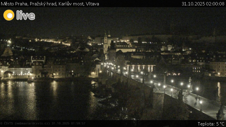 Město Praha - Pražský hrad, Karlův most, Vltava - 31.10.2025 v 02:00 Město Praha - Pražský hrad, Karlův most, Vltava - 31.10.2025 v 02:00