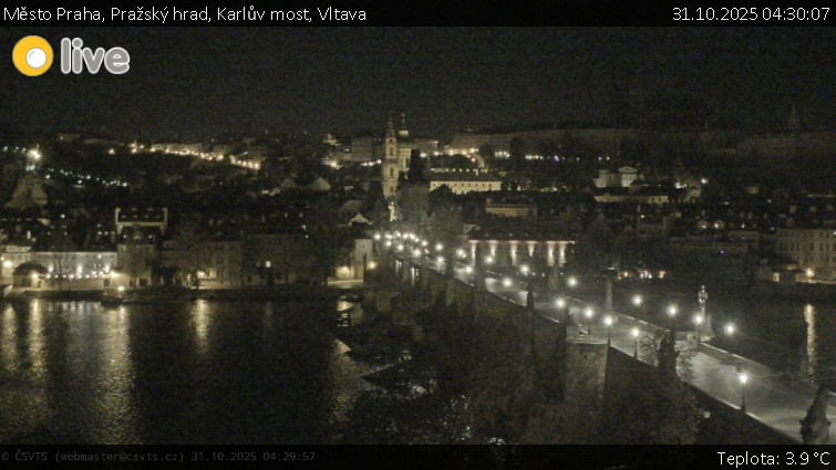 Město Praha - Pražský hrad, Karlův most, Vltava - 31.10.2025 v 04:30 Město Praha - Pražský hrad, Karlův most, Vltava - 31.10.2025 v 04:30