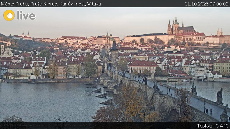 Město Praha - Pražský hrad, Karlův most, Vltava - 31.10.2025 v 07:00 Město Praha - Pražský hrad, Karlův most, Vltava - 31.10.2025 v 07:00