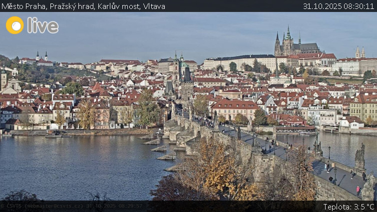 Město Praha - Pražský hrad, Karlův most, Vltava - 31.10.2025 v 08:30 Město Praha - Pražský hrad, Karlův most, Vltava - 31.10.2025 v 08:30