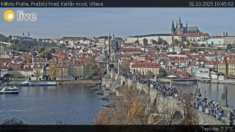 Město Praha - Pražský hrad, Karlův most, Vltava - 31.10.2025 v 10:45 Město Praha - Pražský hrad, Karlův most, Vltava - 31.10.2025 v 10:45