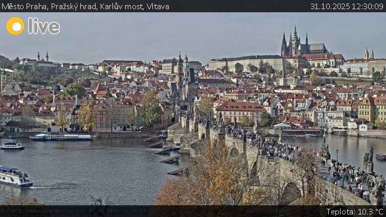 Město Praha - Pražský hrad, Karlův most, Vltava - 31.10.2025 v 12:30 Město Praha - Pražský hrad, Karlův most, Vltava - 31.10.2025 v 12:30