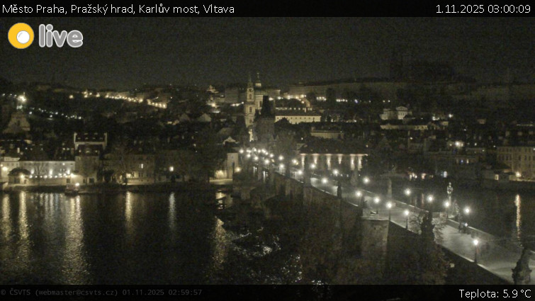 Město Praha - Pražský hrad, Karlův most, Vltava - 1.11.2025 v 03:00 Město Praha - Pražský hrad, Karlův most, Vltava - 1.11.2025 v 03:00