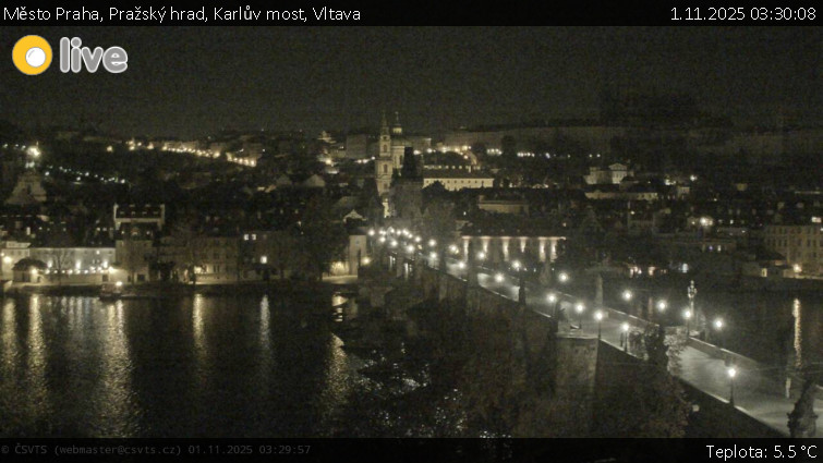 Město Praha - Pražský hrad, Karlův most, Vltava - 1.11.2025 v 03:30 Město Praha - Pražský hrad, Karlův most, Vltava - 1.11.2025 v 03:30
