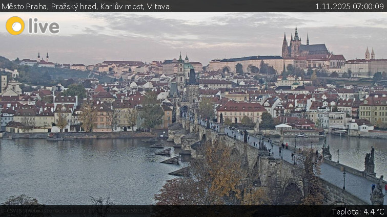Město Praha - Pražský hrad, Karlův most, Vltava - 1.11.2025 v 07:00 Město Praha - Pražský hrad, Karlův most, Vltava - 1.11.2025 v 07:00