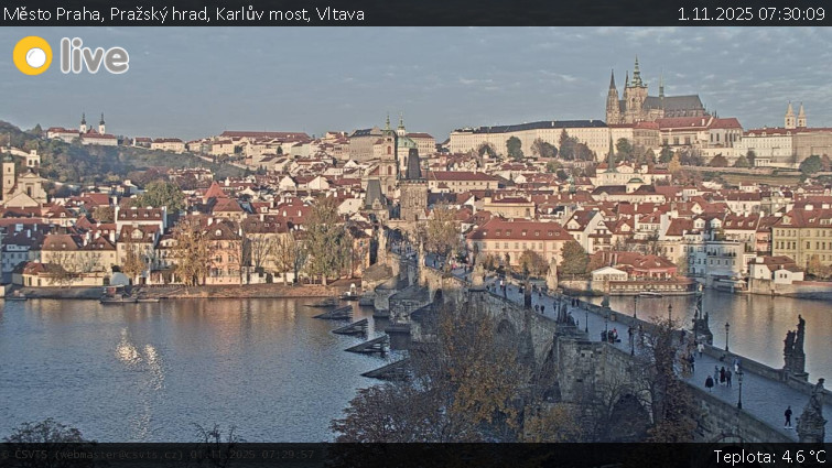 Město Praha - Pražský hrad, Karlův most, Vltava - 1.11.2025 v 07:30 Město Praha - Pražský hrad, Karlův most, Vltava - 1.11.2025 v 07:30
