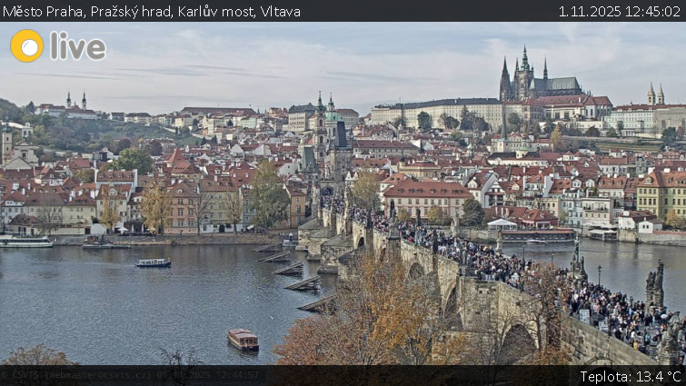 Město Praha - Pražský hrad, Karlův most, Vltava - 1.11.2025 v 12:45 Město Praha - Pražský hrad, Karlův most, Vltava - 1.11.2025 v 12:45