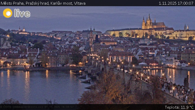 Město Praha - Pražský hrad, Karlův most, Vltava - 1.11.2025 v 17:00 Město Praha - Pražský hrad, Karlův most, Vltava - 1.11.2025 v 17:00