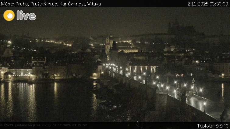 Město Praha - Pražský hrad, Karlův most, Vltava - 2.11.2025 v 03:30 Město Praha - Pražský hrad, Karlův most, Vltava - 2.11.2025 v 03:30