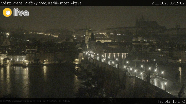 Město Praha - Pražský hrad, Karlův most, Vltava - 2.11.2025 v 05:15 Město Praha - Pražský hrad, Karlův most, Vltava - 2.11.2025 v 05:15