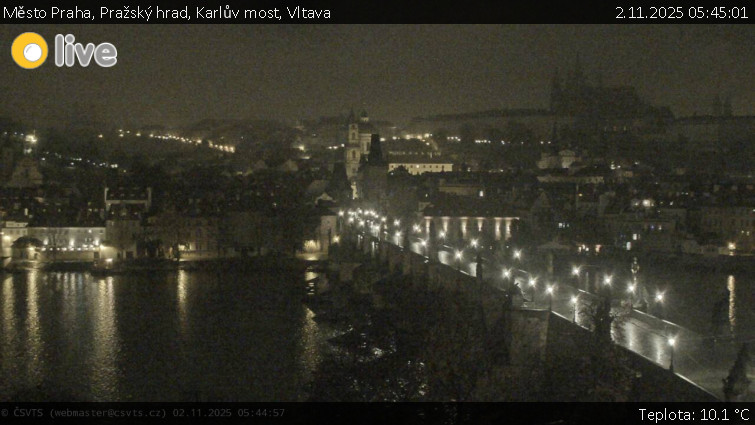 Město Praha - Pražský hrad, Karlův most, Vltava - 2.11.2025 v 05:45 Město Praha - Pražský hrad, Karlův most, Vltava - 2.11.2025 v 05:45