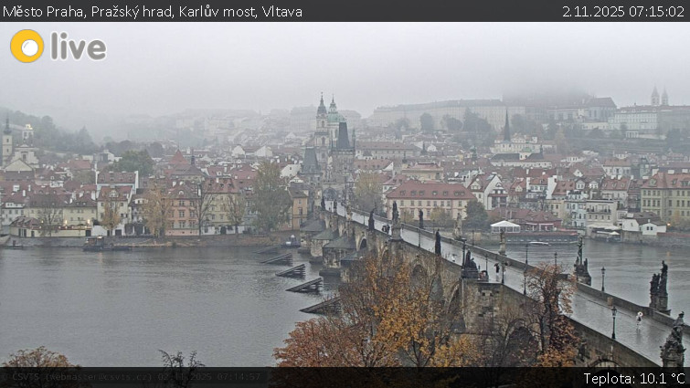 Město Praha - Pražský hrad, Karlův most, Vltava - 2.11.2025 v 07:15 Město Praha - Pražský hrad, Karlův most, Vltava - 2.11.2025 v 07:15