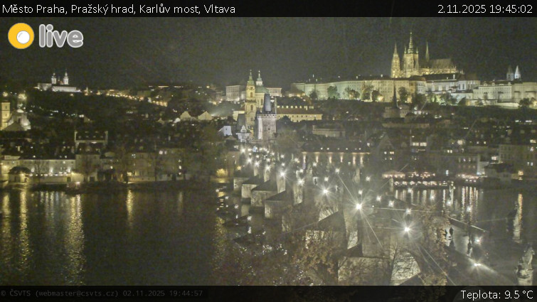 Město Praha - Pražský hrad, Karlův most, Vltava - 2.11.2025 v 19:45 Město Praha - Pražský hrad, Karlův most, Vltava - 2.11.2025 v 19:45