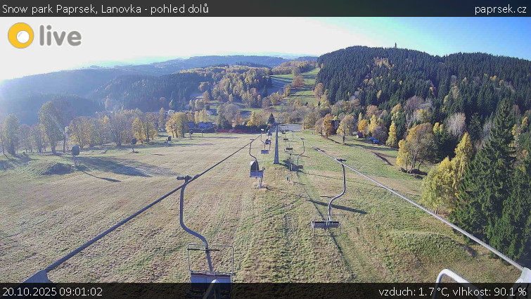 Snow park Paprsek - Lanovka - pohled dolů - 20.10.2025 v 09:01 Snow park Paprsek - Lanovka - pohled dolů - 20.10.2025 v 09:01