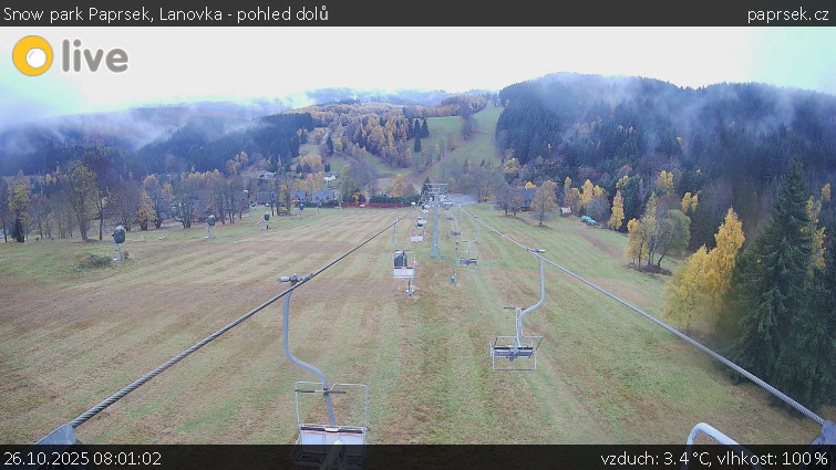 Snow park Paprsek - Lanovka - pohled dolů - 26.10.2025 v 08:01 Snow park Paprsek - Lanovka - pohled dolů - 26.10.2025 v 08:01