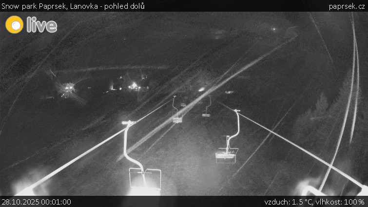 Snow park Paprsek - Lanovka - pohled dolů - 28.10.2025 v 00:01 Snow park Paprsek - Lanovka - pohled dolů - 28.10.2025 v 00:01