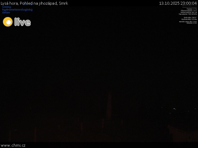Lysá hora - Pohled na jihozápad, Smrk - 13.10.2025 v 23:00 Lysá hora - Pohled na jihozápad, Smrk - 13.10.2025 v 23:00